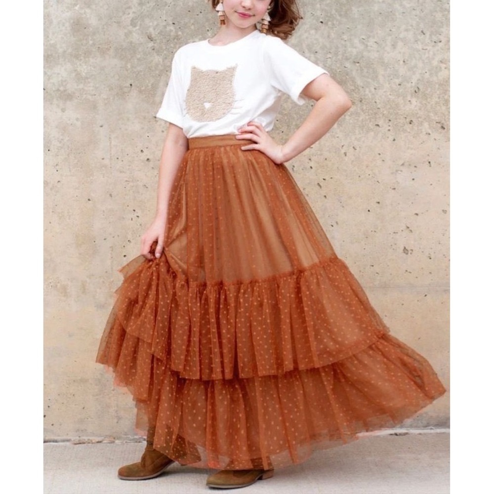 Mia Joy by Joyfolie Skirt Girls 7 Ada Acron Brown Swiss Dot Tulle Tiered NWT